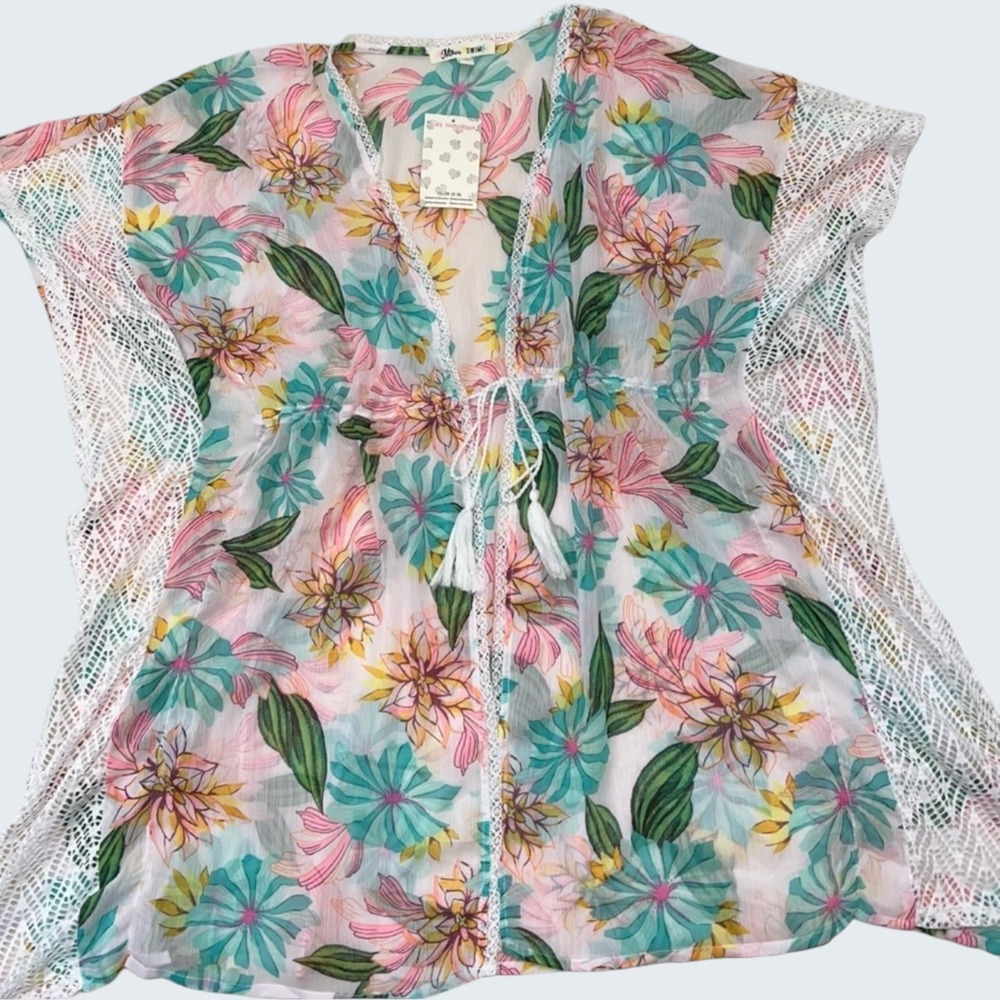 Aiken Swim Floral Kaftan Cover Up White Ceramic Crochet Trim Tassel Medium NWT